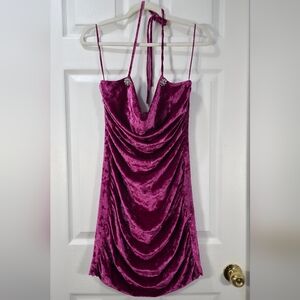WAYF Purple Velvet Ruched Halter Cowl Neck Mini Dress - Size M